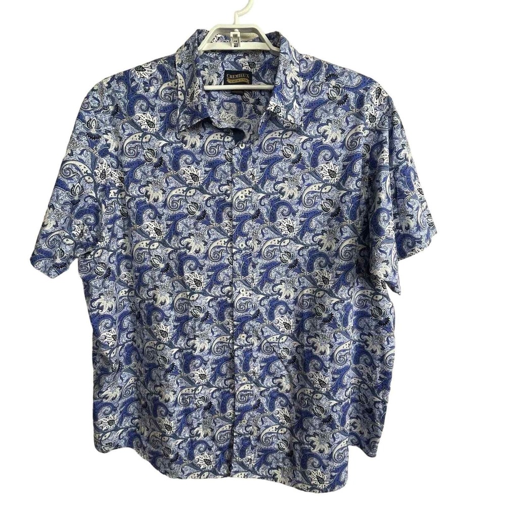 Cremieux Button Down Shirt Mens 3XB Blue Paisley Floral Cotton Short Sleeve Top